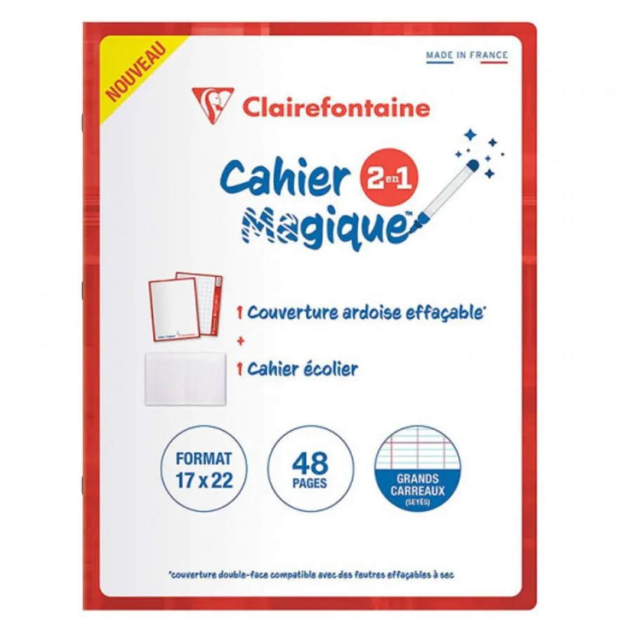 Clairefontaine - Cahier magique ardoise 17 x 22 cm - 48 pages - grands carreaux (Seyes) - couverture effaçable double-face