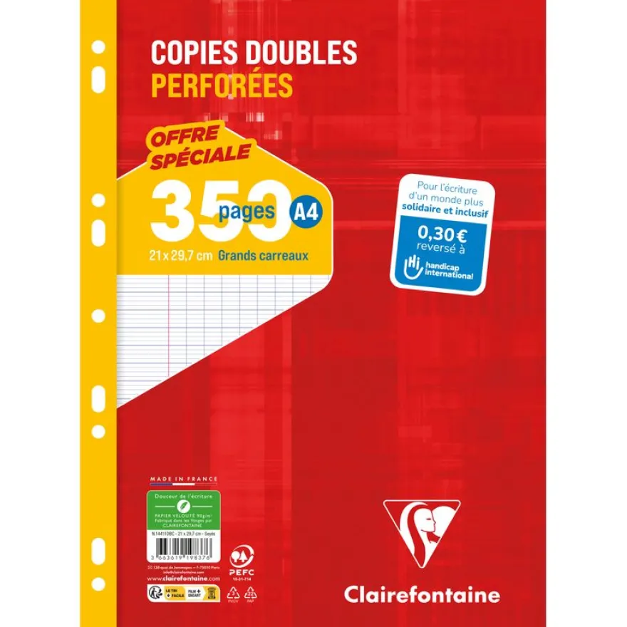 Clairefontaine - copies doubles sous film - 350 pages - A4 - grands carreaux (Seyes) - perforées - 90g