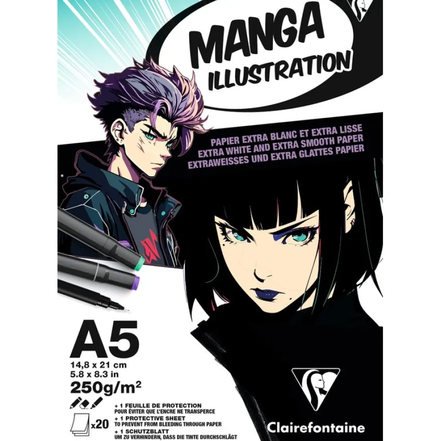 Clairefontaine - Illustration Manga - bloc encollé - A5 - 20 feuilles - 250g