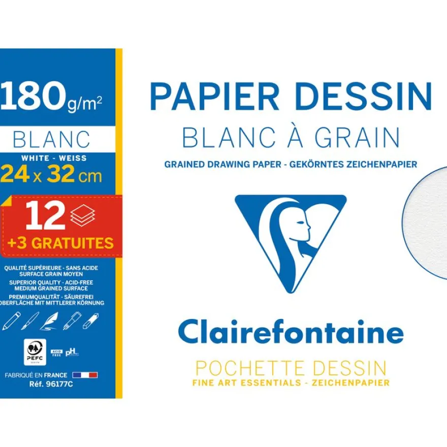Clairefontaine - Pochette papier à dessin - 15 feuilles (dont 3 gratuites) - 24 x 32 cm - 180 gr - blanc