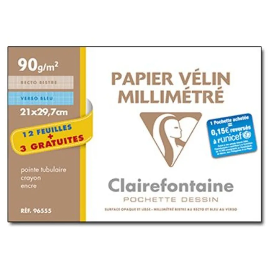 Clairefontaine - Pochette papier millimétré - 15 feuilles - A4 - 90 gr