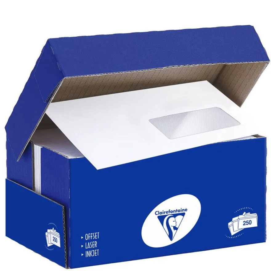 Clairefontaine Clairalfa - 250 Enveloppes DL 110 x 220 mm - 90 gr - fenêtre 35x100 mm - blanc - bande adhésive