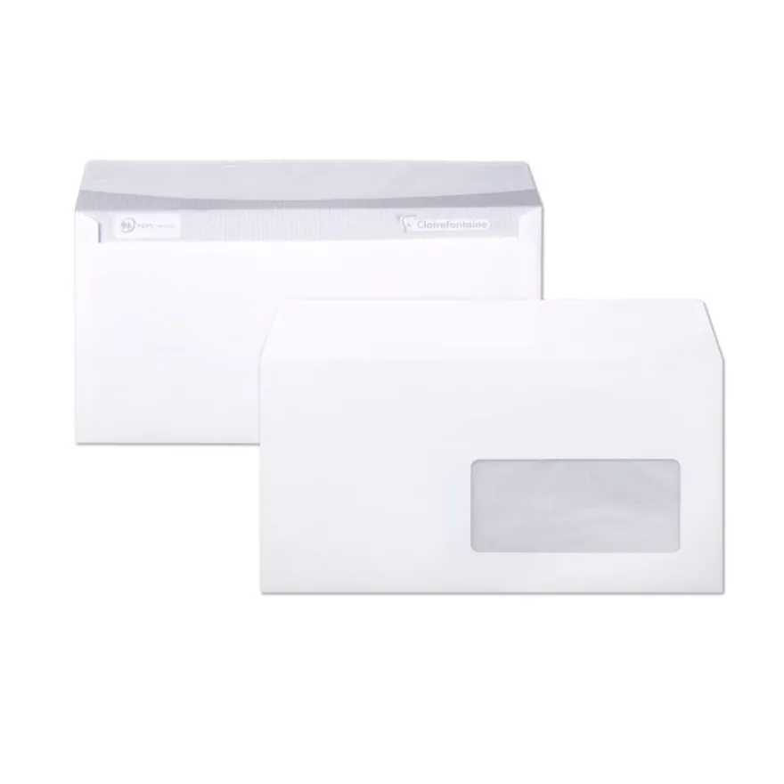 Clairefontaine Clairalfa - 250 Enveloppes DL 110 x 220 mm - 90 gr - fenêtre 45x100 mm - blanc - bande adhésive