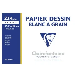 Clairefontaine Dessin à Grain - Pochette papier à dessin - 10 feuilles - A3 - 224 gr - blanc