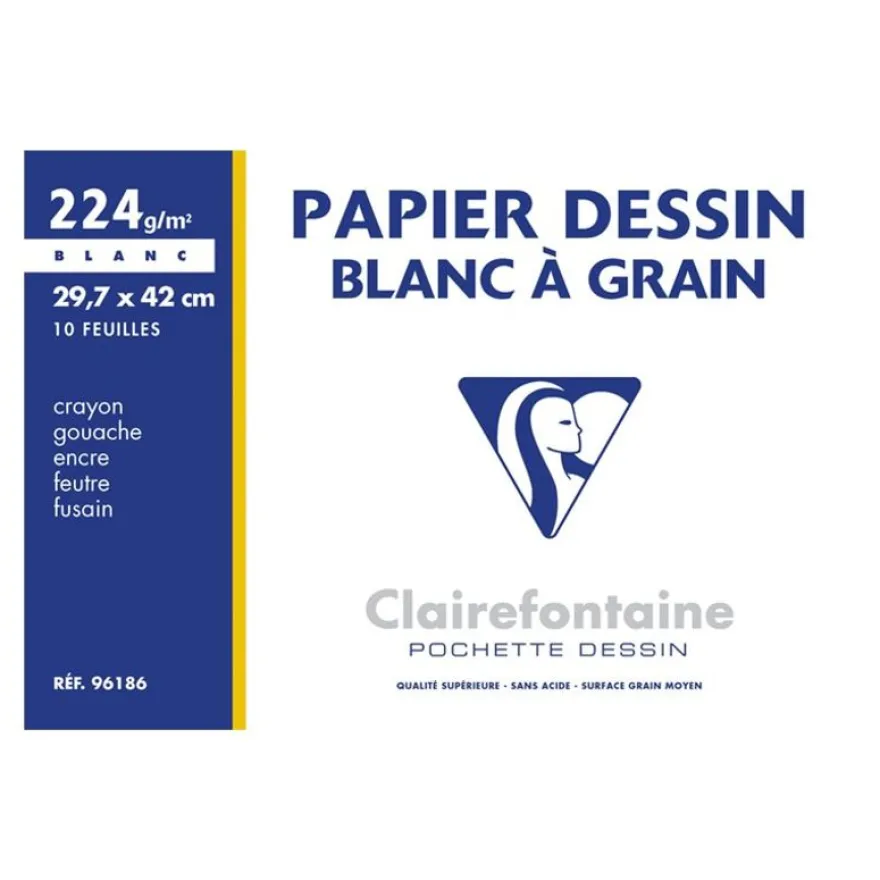 Clairefontaine Dessin à Grain - Pochette papier à dessin - 10 feuilles - A3 - 224 gr - blanc