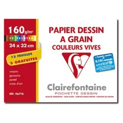 Clairefontaine Dessin à Grain - Pochette papier à dessin - 15 feuilles - 24 x 32 cm - 160 gr - couleurs assorties