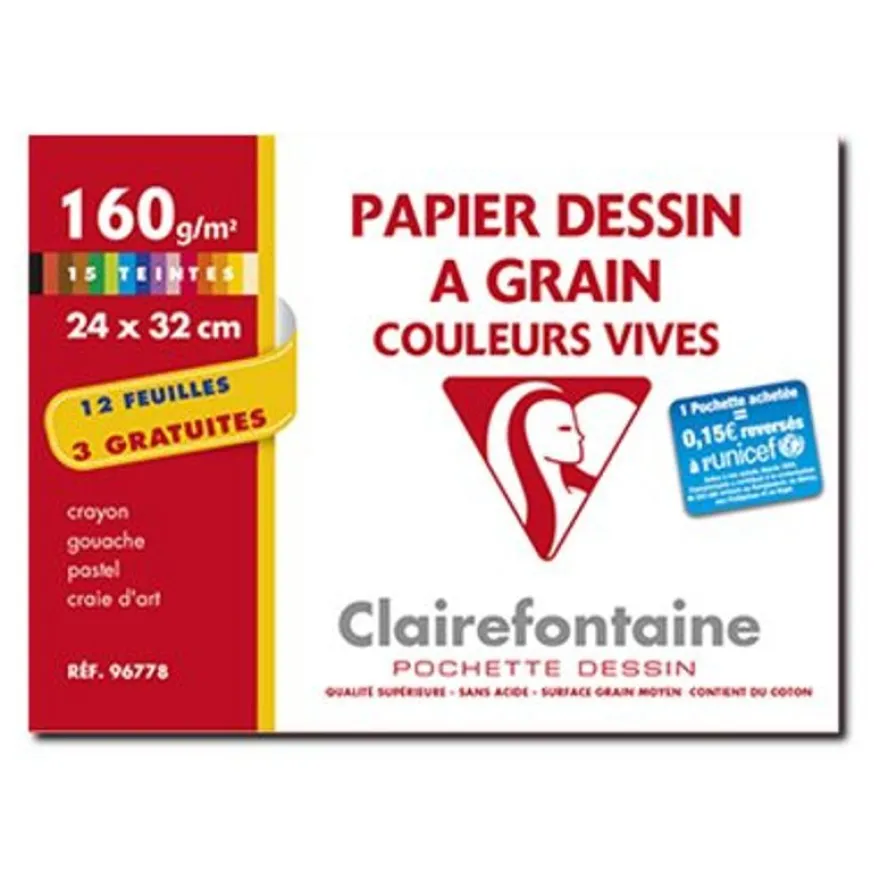Clairefontaine Dessin à Grain - Pochette papier à dessin - 15 feuilles - 24 x 32 cm - 160 gr - couleurs assorties