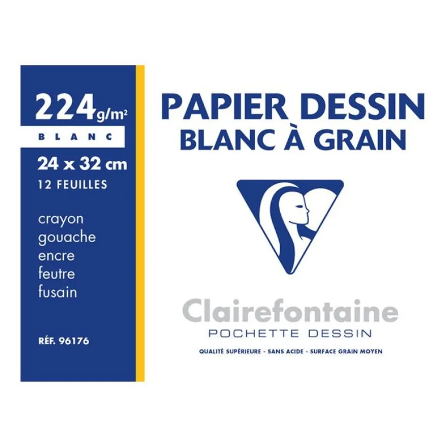 Clairefontaine Dessin à Grain - Pochette papier à dessin - 12 feuilles - 24 x 32 cm - 224 gr - blanc