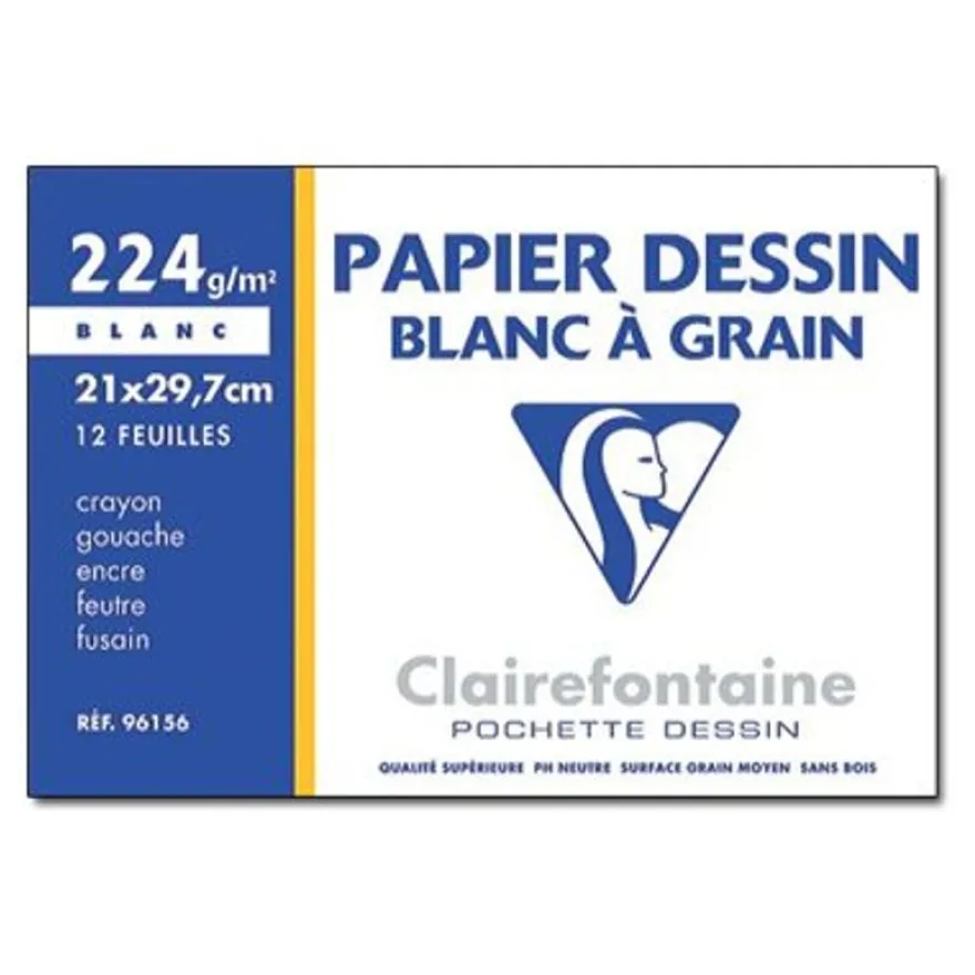 Clairefontaine Dessin à Grain - Pochette papier à dessin - 12 feuilles - A4 - 224 gr - blanc
