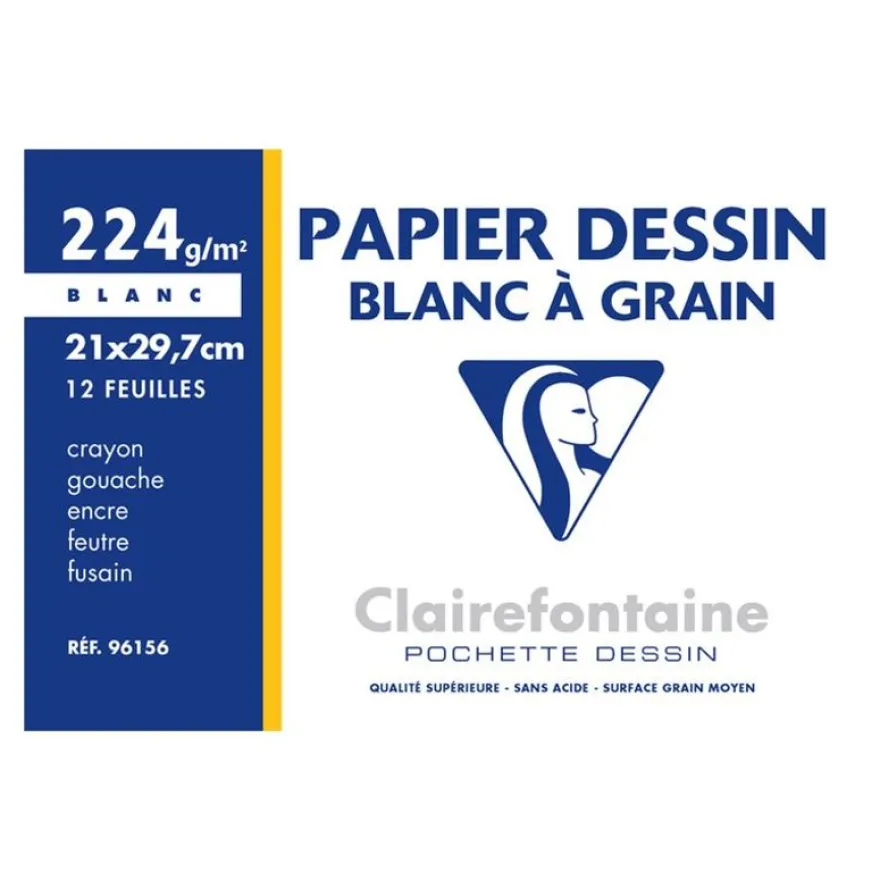 Clairefontaine Dessin à Grain - Pochette papier à dessin - 12 feuilles - A4 - 224 gr - blanc