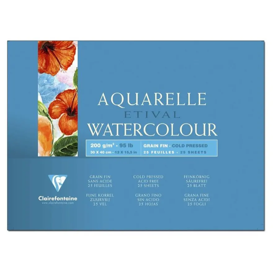 Clairefontaine Etival - Bloc de papier aquarelle grain torchon - 25 feuilles 30 x 40 cm - 200 g/m²