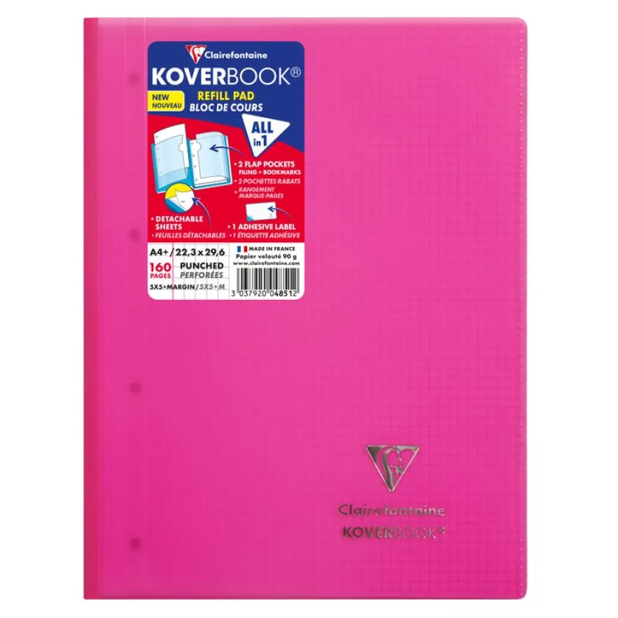 Clairefontaine Koverbook - Bloc de cours agrafé A4+ - 160 pages détachables perforées - petits carreaux (5x5 mm) - disponible dans différentes couleurs