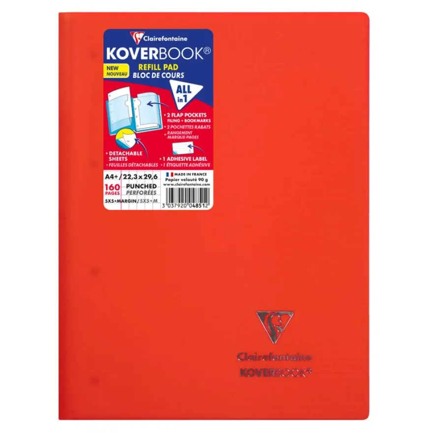 Clairefontaine Koverbook - Bloc de cours agrafé A4+ - 160 pages détachables perforées - petits carreaux (5x5 mm) - disponible dans différentes couleurs