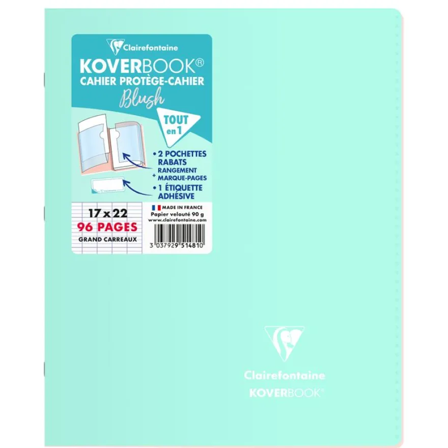 Clairefontaine Koverbook Blush - Cahier polypro 17 x 22 cm - 96 pages - grands carreaux (Seyes) - disponible dans différentes couleurs pastels