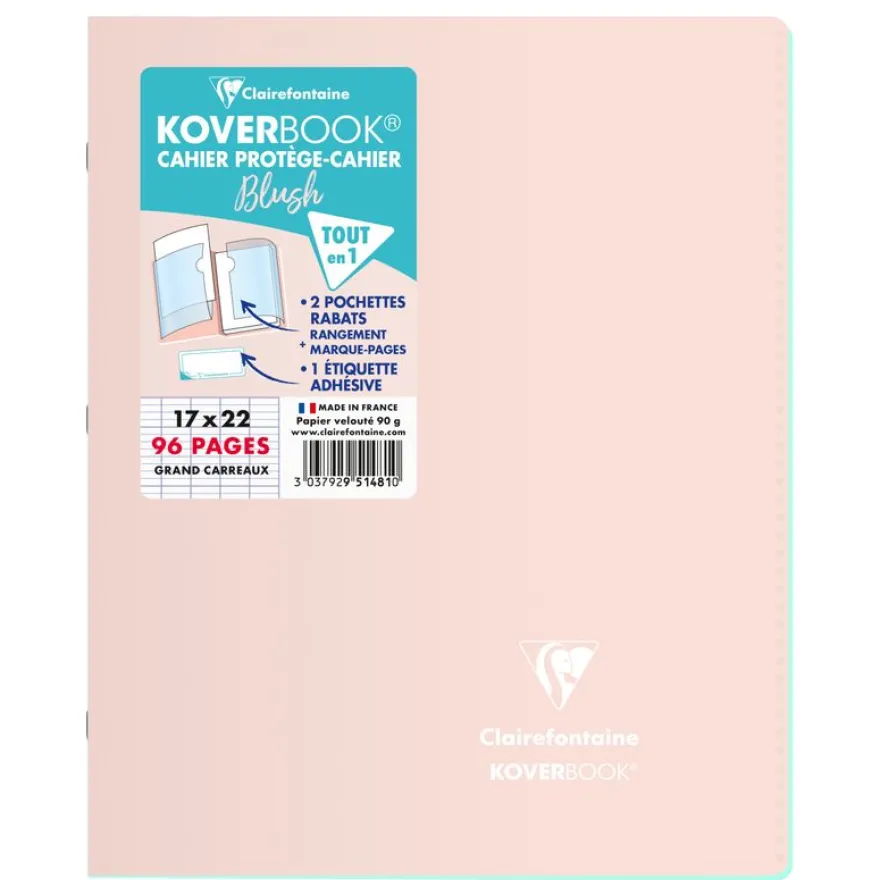 Clairefontaine Koverbook Blush - Cahier polypro 17 x 22 cm - 96 pages - grands carreaux (Seyes) - disponible dans différentes couleurs pastels