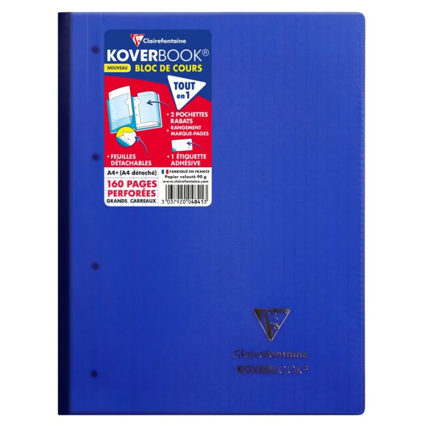 Clairefontaine Koverbook - Bloc de cours agrafé A4+ - 160 pages détachables perforées - grands carreaux (Seyes) - disponible dans différentes couleurs