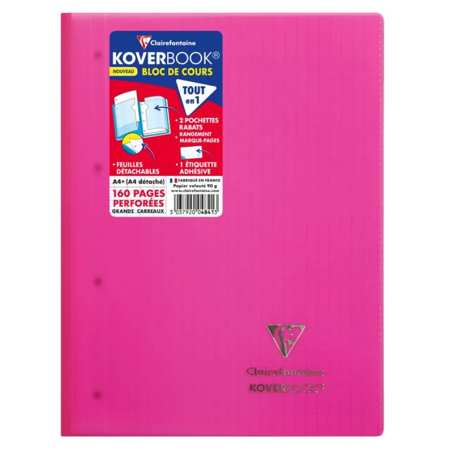 Clairefontaine Koverbook - Bloc de cours agrafé A4+ - 160 pages détachables perforées - grands carreaux (Seyes) - disponible dans différentes couleurs