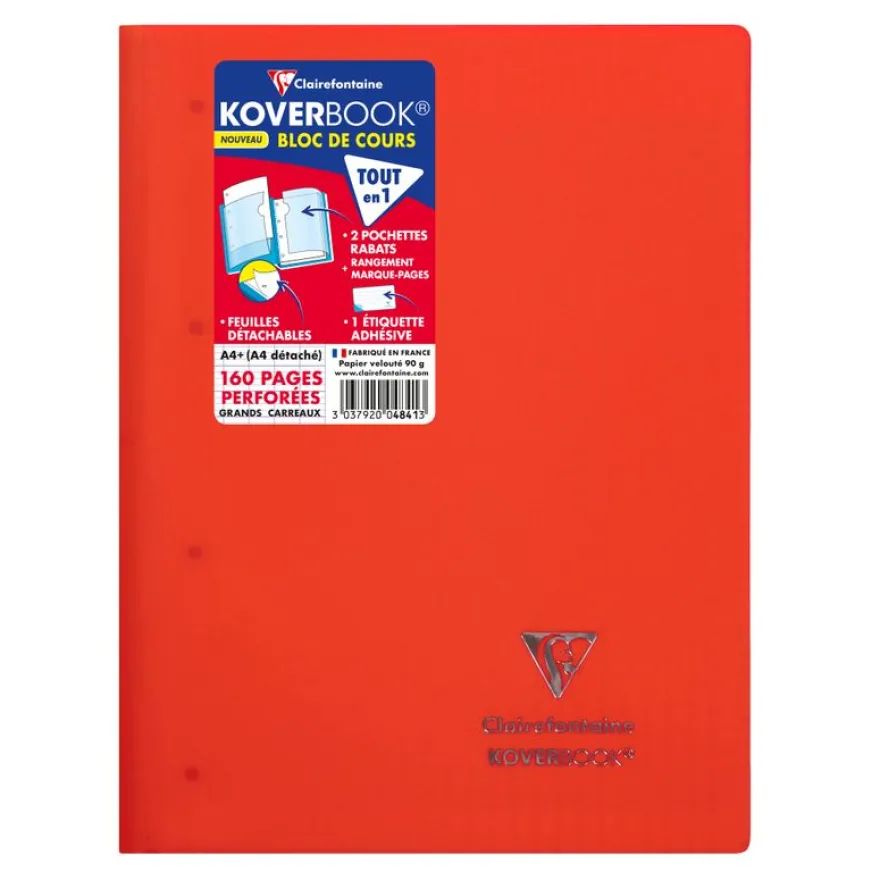 Clairefontaine Koverbook - Bloc de cours agrafé A4+ - 160 pages détachables perforées - grands carreaux (Seyes) - disponible dans différentes couleurs