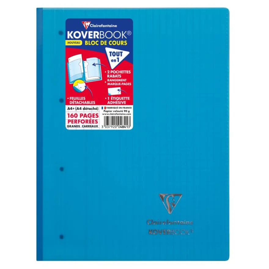 Clairefontaine Koverbook - Bloc de cours agrafé A4+ - 160 pages détachables perforées - grands carreaux (Seyes) - disponible dans différentes couleurs