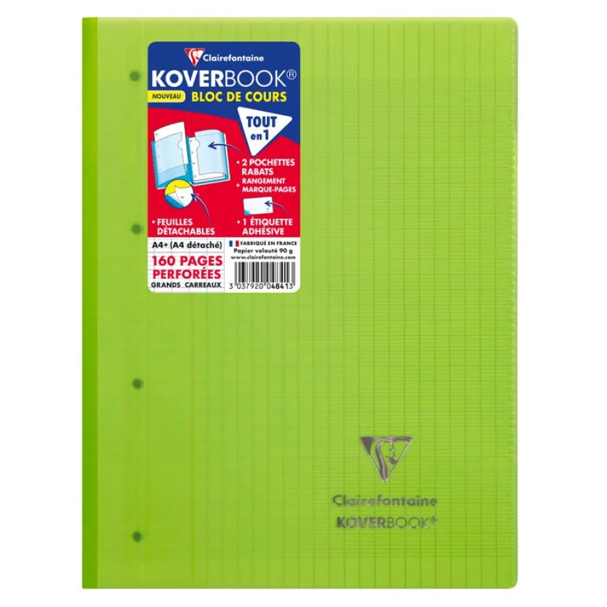 Clairefontaine Koverbook - Bloc de cours agrafé A4+ - 160 pages détachables perforées - grands carreaux (Seyes) - disponible dans différentes couleurs
