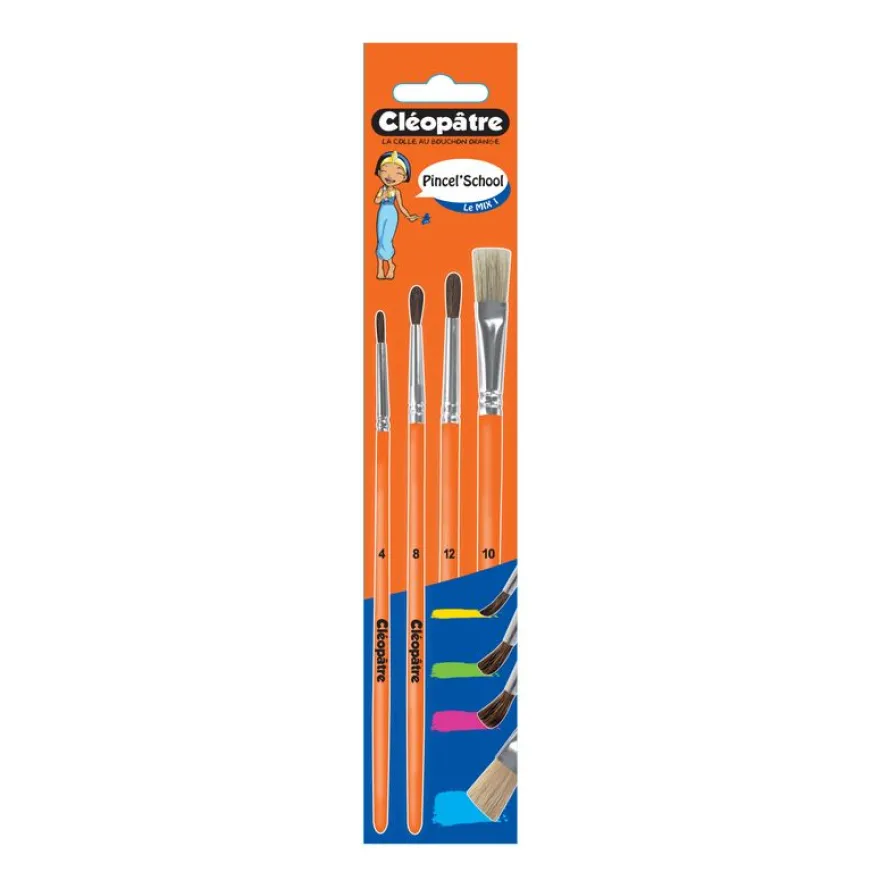 Cléopâtre - Pack de 3 pinceaux poil de poney N° 4, 8, 12 + 1 brosse n°10 en soie de porc