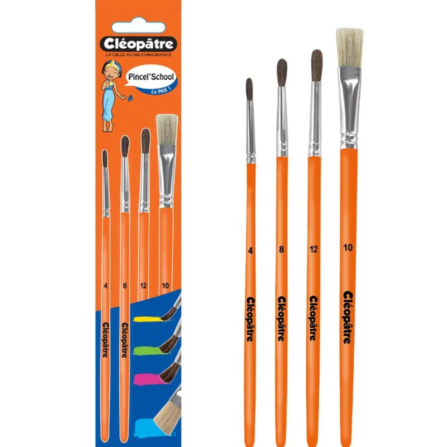 Cléopâtre - Pack de 3 pinceaux poil de poney N° 4, 8, 12 + 1 brosse n°10 en soie de porc