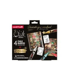 Coffret de Noël CHALK MARKERS – Thème traditionnel - 4 marqueurs craie pointe medium avec 2 illustrations à reproduire offertes – couleurs traditionnelles - blanc, or, vert métal, rouge