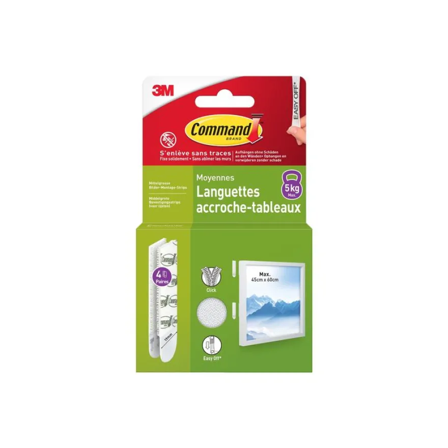 Command - 4 paires de languettes accroche-tableaux - moyen - 19 x 70 mm - blanc