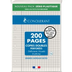 Conquérant - Copies Doubles pour déficients visuels - 200 pages - A4 - Grands Carreaux (Seyès 2,5mm)