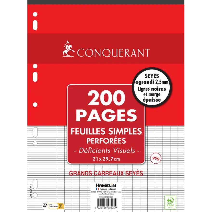 Conquérant - Feuilles Simples pour déficients visuels - 200 pages - A4 - Grands Carreaux (Seyès 2,5mm)