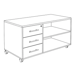 Console mobile LEVEL/STEELY/WOODY - L120 x H63 x P60 cm - 3 tiroirs - coté blanc - finition tiroirs et dessus imitation Chêne clair