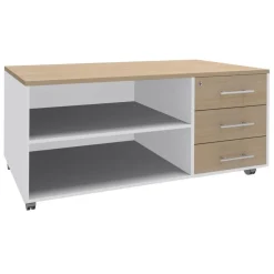 Console mobile LEVEL/STEELY/WOODY - L120 x H63 x P60 cm - 3 tiroirs - coté blanc - finition tiroirs et dessus imitation Chêne clair