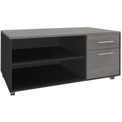 Console mobile LEVEL/STEELY/WOODY - L120 x H63 x P60 cm - 2 tiroirs dont 1 DS - coté anthracite - finition façade et dessus imitation Chêne gris