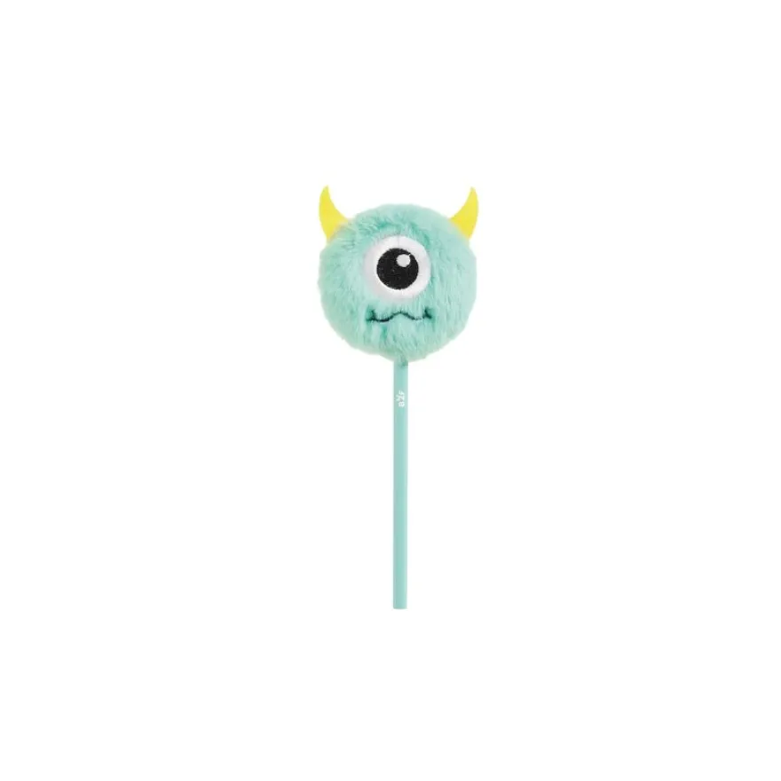 Crayon turquoise avec pompon monstre - œil brodé et cornes en feutre - design ludique Back2Fun