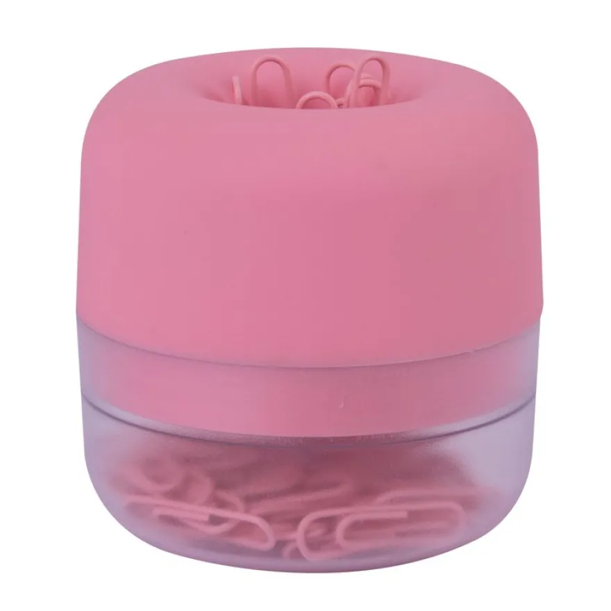 Distributeur de trombones rose magnétique soft touch avec base translucide et 50 trombones 28 mm