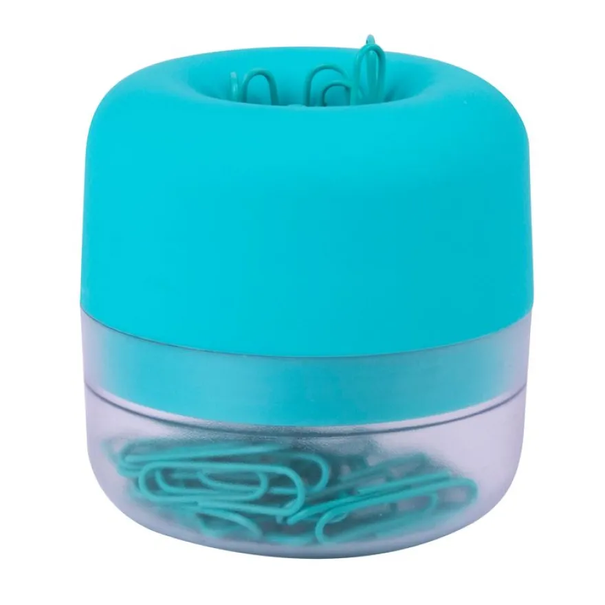 Distributeur de trombones bleu magnétique soft touch avec base translucide et 50 trombones 28 mm