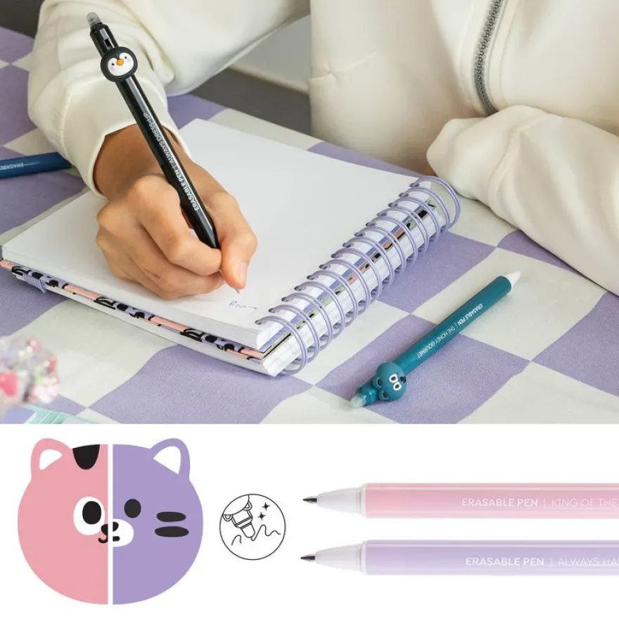 Duo de stylos effaçables bleus 0,5 mm Back2Fun - têtes chat et tigre - design kawai