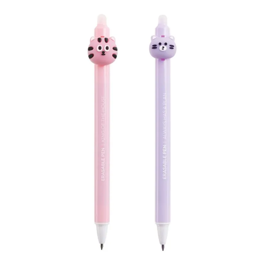 Duo de stylos effaçables bleus 0,5 mm Back2Fun - têtes chat et tigre - design kawai