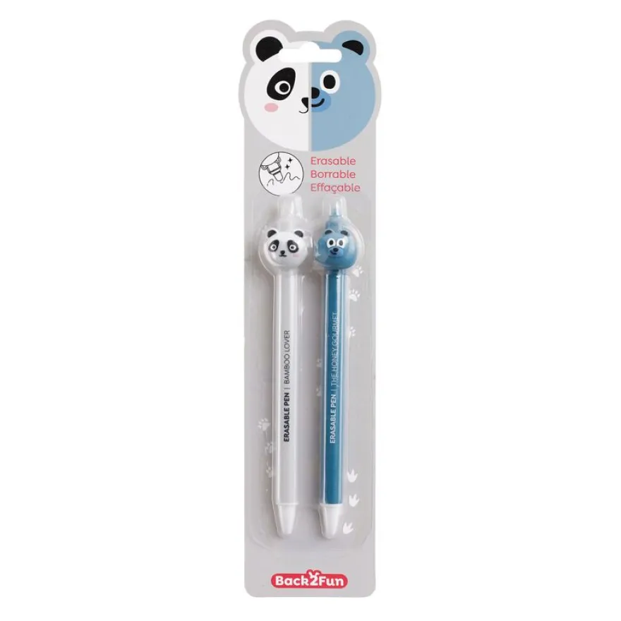 Duo de stylos effaçables panda et ours Back2Fun - encre bleue et pointe 0,5 mm - design mignon