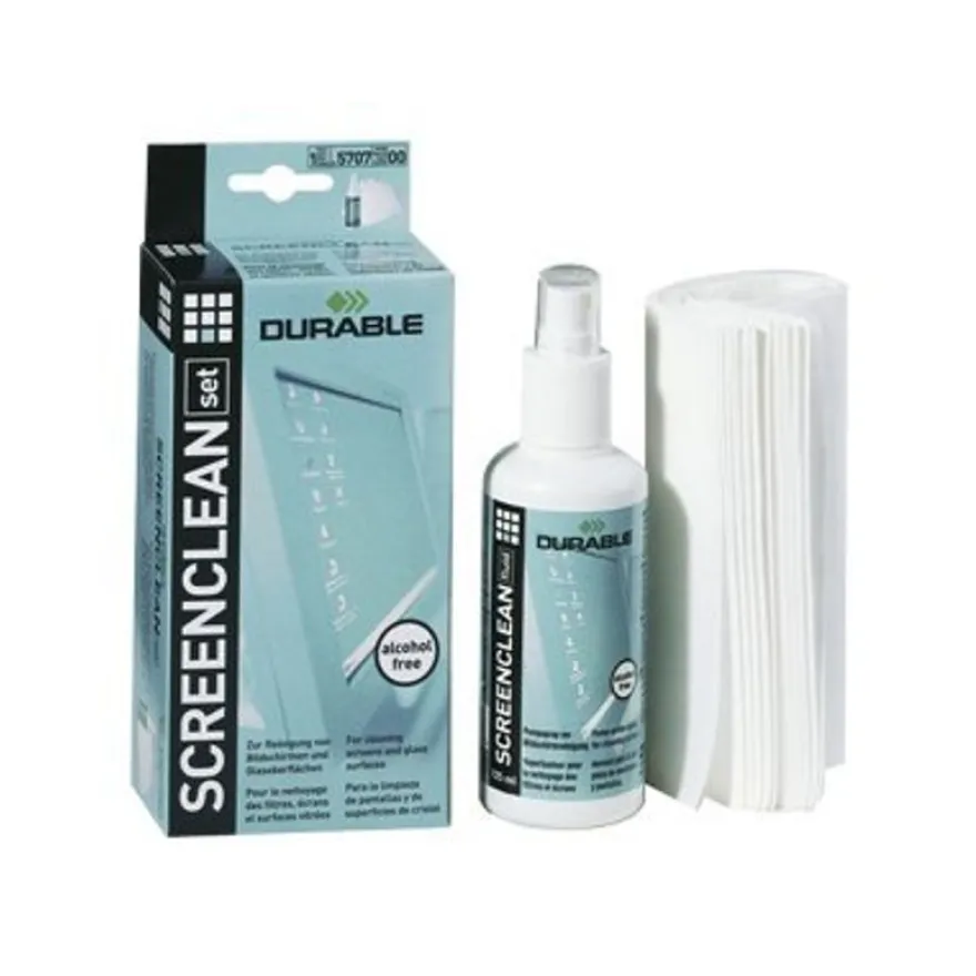 Durable Screenclean set - kit de nettoyage (spray 125 ml + 20 ligettes absorbantes) pour écrans et surfaces vitrées