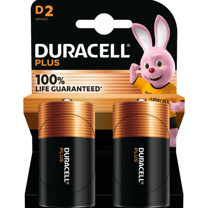 DURACELL 100% Plus - 2 piles alcalines - D LR20