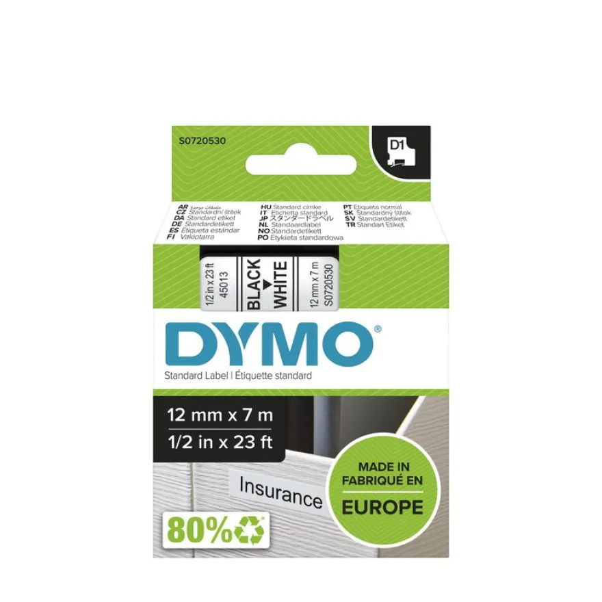 Dymo D1 - Ruban d'étiquettes auto-adhésives - 1 rouleau (12 mm x 7 m) - fond blanc écriture noire