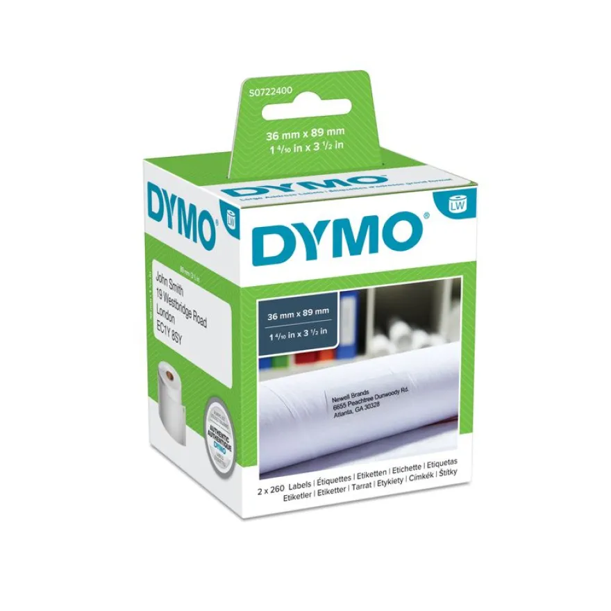 Dymo LabelWriter - Ruban d'étiquettes auto-adhésives - 2 rouleaux de 260 étiquettes (36 x 89 mm) - fond blanc écriture noire