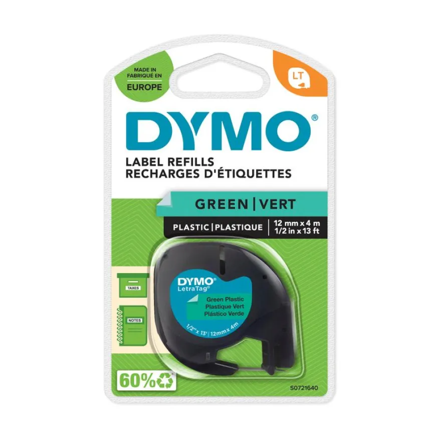 Dymo LetraTAG - Ruban d'étiquettes plastique auto-adhésives - 1 rouleau (12 mm x 4 m) - fond vert écriture noire