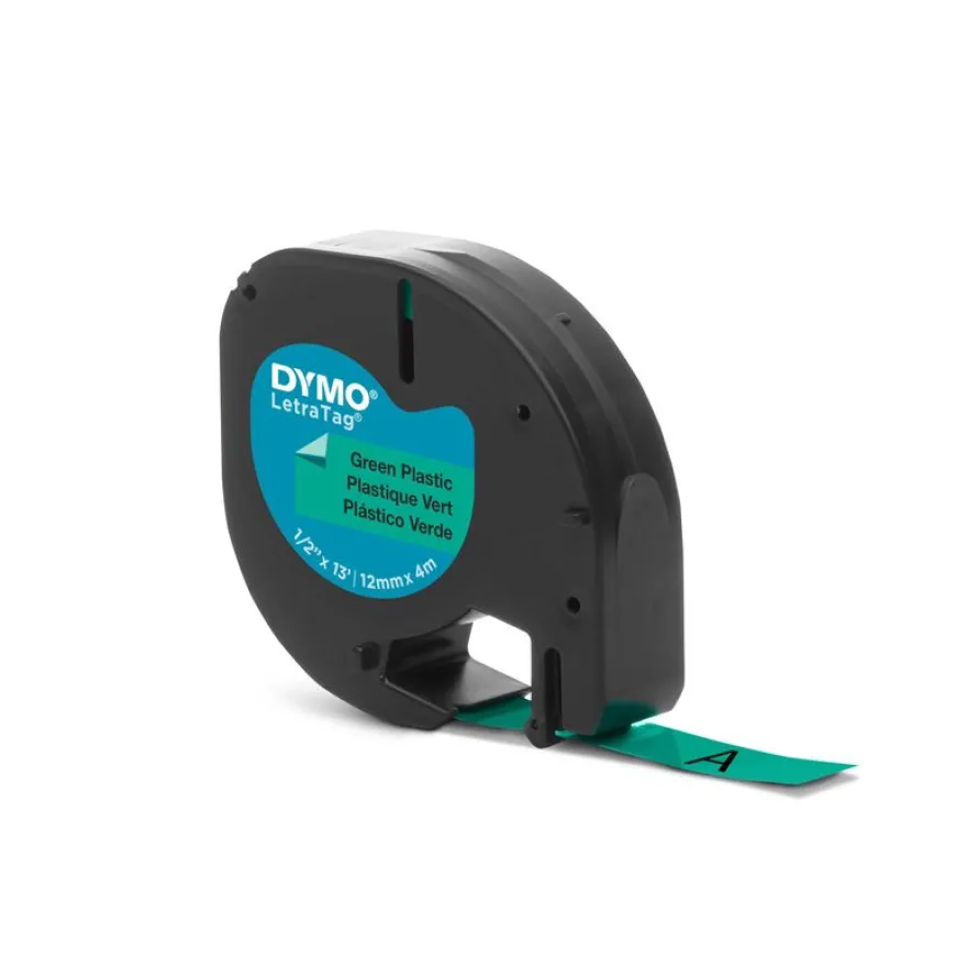 Dymo LetraTAG - Ruban d'étiquettes plastique auto-adhésives - 1 rouleau (12 mm x 4 m) - fond vert écriture noire