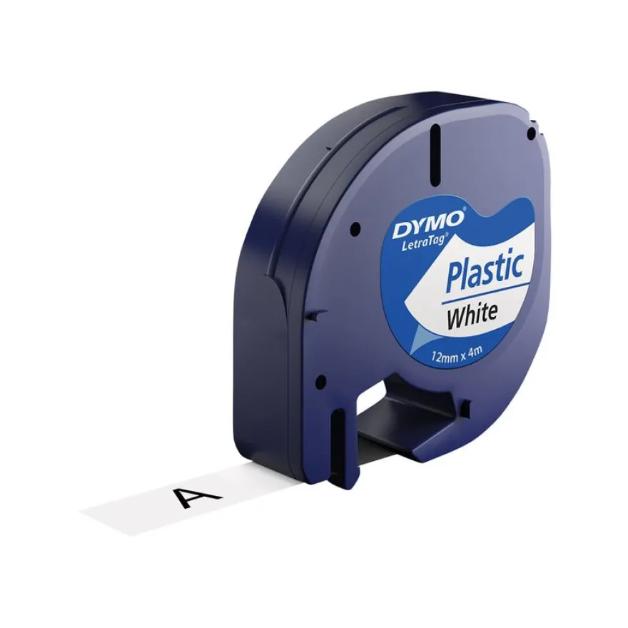 Dymo LetraTAG - Ruban d'étiquettes plastique auto-adhésives - 1 rouleau (12 mm x 4 m) - fond blanc écriture noire