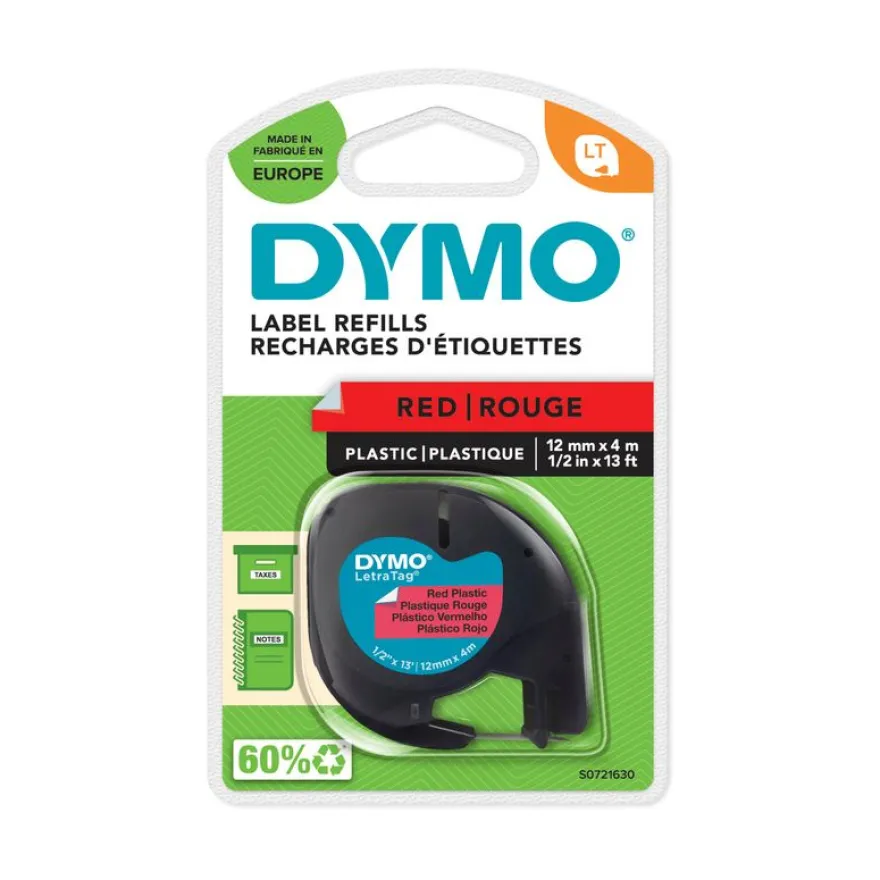 Dymo LetraTAG - Ruban d'étiquettes plastique auto-adhésives - 1 rouleau (12 mm x 4 m) - fond rouge écriture noire