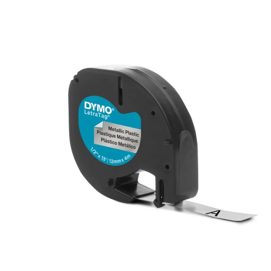 Dymo LetraTAG - Ruban d'étiquettes métallisé auto-adhésives - 1 rouleau (12 mm x 4 m) - fond argent écriture noire