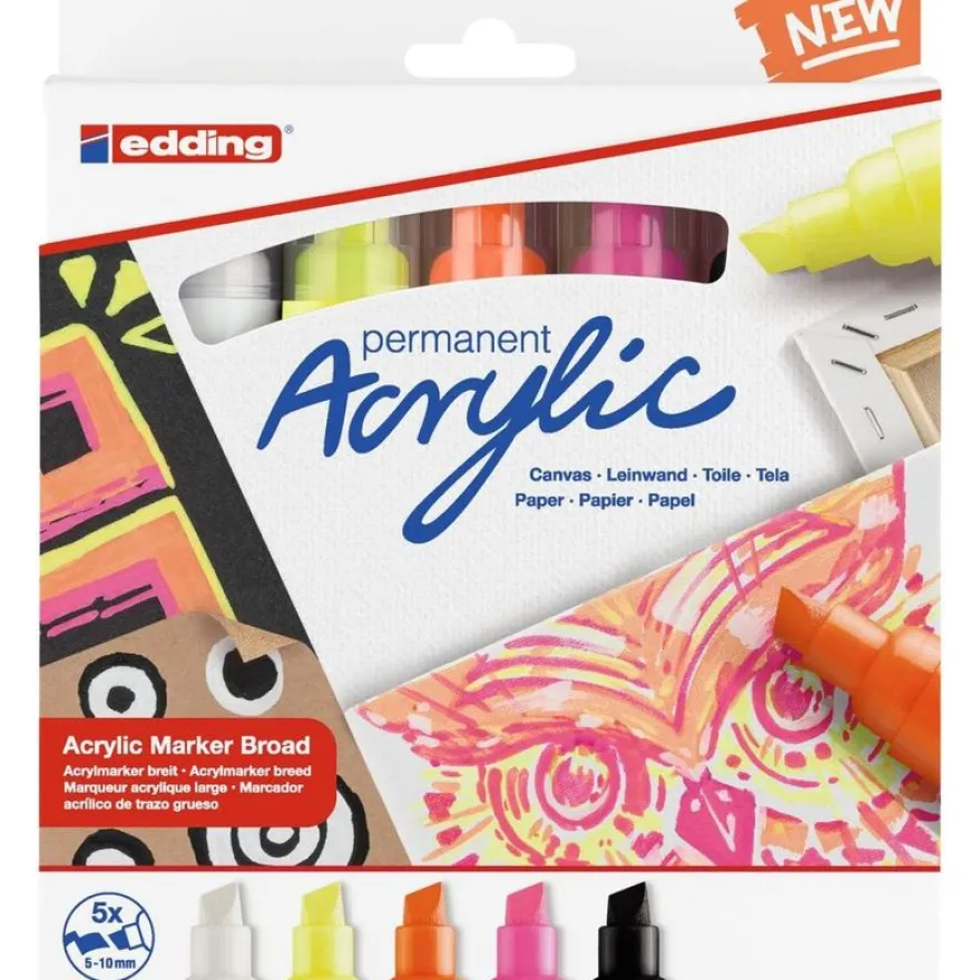 Edding 5000 - Pack de 5 Marqueurs acryliques - jaune fluo, orange fluo, rose néon, noir profond, blanc