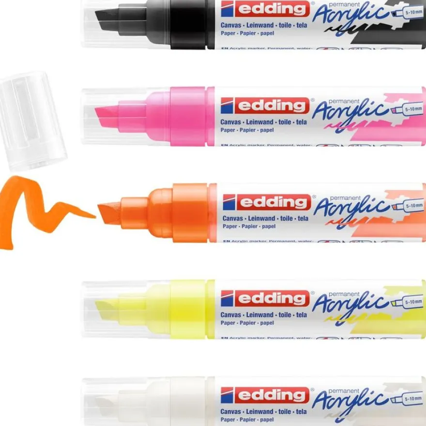 Edding 5000 - Pack de 5 Marqueurs acryliques - jaune fluo, orange fluo, rose néon, noir profond, blanc